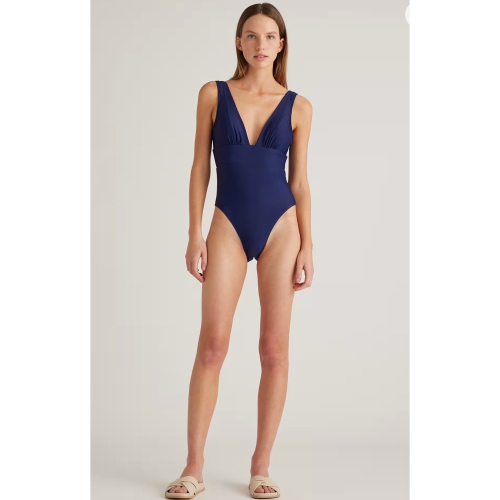 Quince Italian Plunge One-Piece Swimsuit Deep Navy Blue Medium UPF 50 Recycled